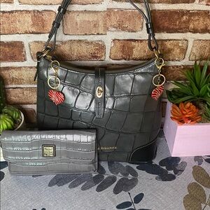 Dooney & Bourke Black and Gray Croc-Embossed Shoulder Bag and wallet
